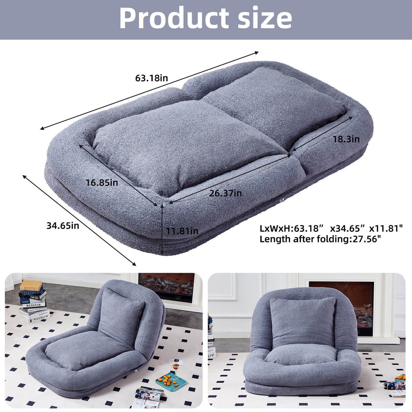 Folding Sofa Chair with 5 Adjustable Positions Plush Floor Lounge Chair for Gaming, Meditation, and Relaxation