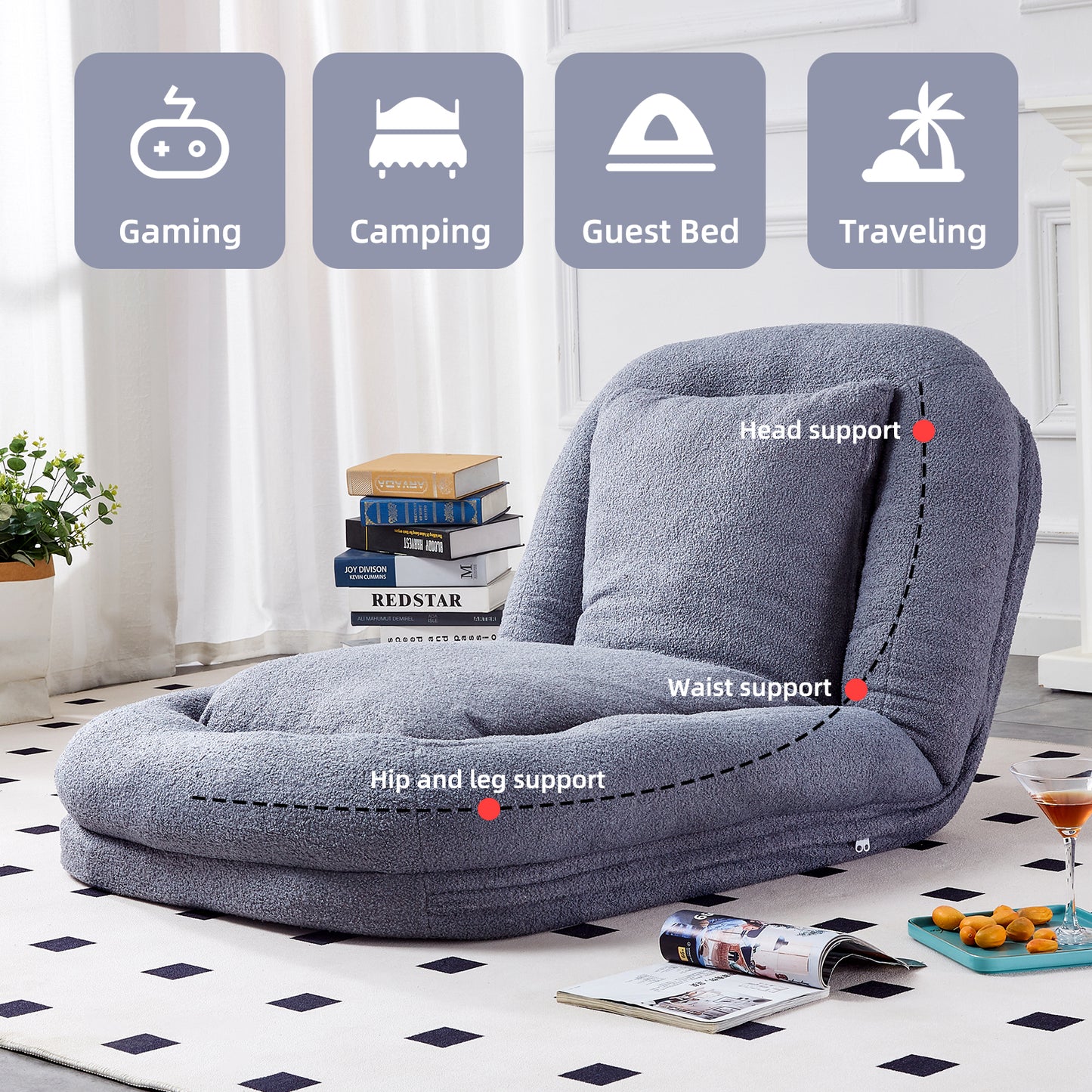 Folding Sofa Chair with 5 Adjustable Positions Plush Floor Lounge Chair for Gaming, Meditation, and Relaxation