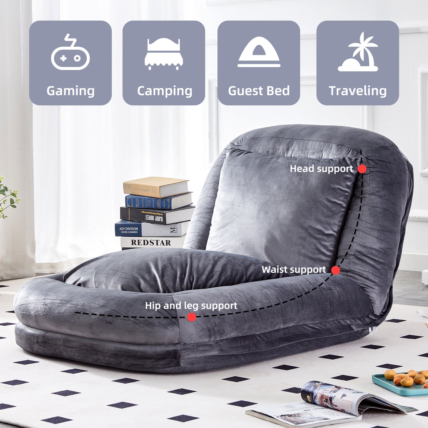 Folding Sofa Chair with 5 Adjustable Positions Plush Floor Lounge Chair for Gaming, Meditation, and Relaxation