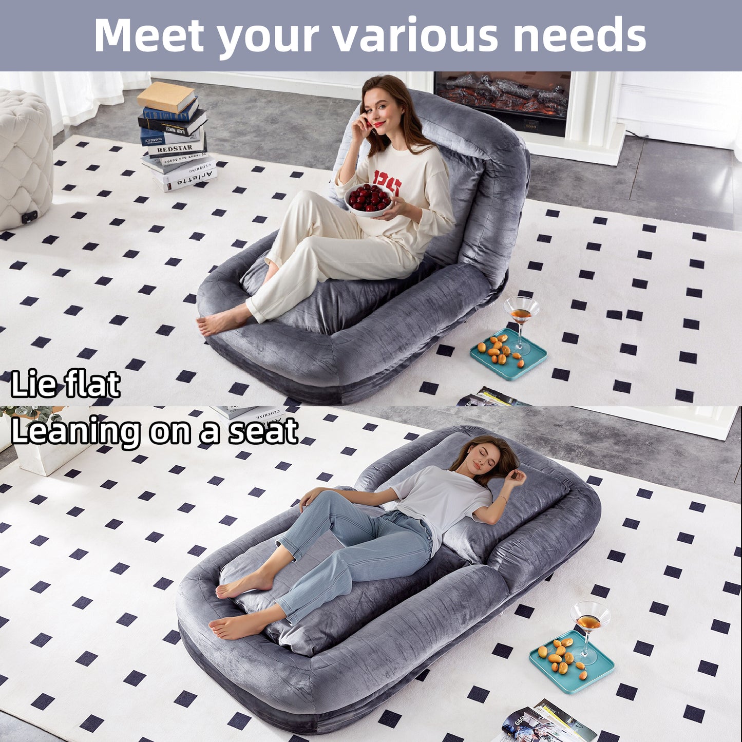 Folding Sofa Chair with 5 Adjustable Positions Plush Floor Lounge Chair for Gaming, Meditation, and Relaxation