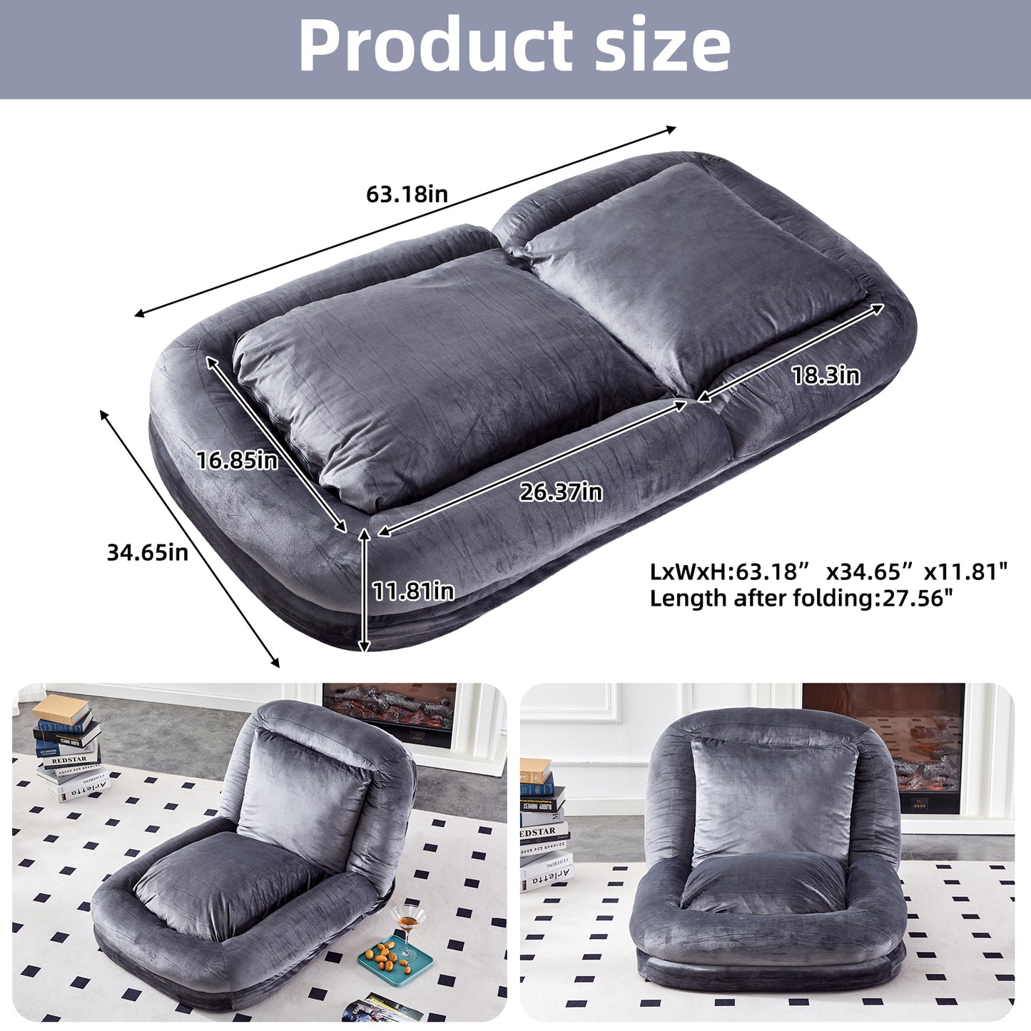 Folding Sofa Chair with 5 Adjustable Positions Plush Floor Lounge Chair for Gaming, Meditation, and Relaxation