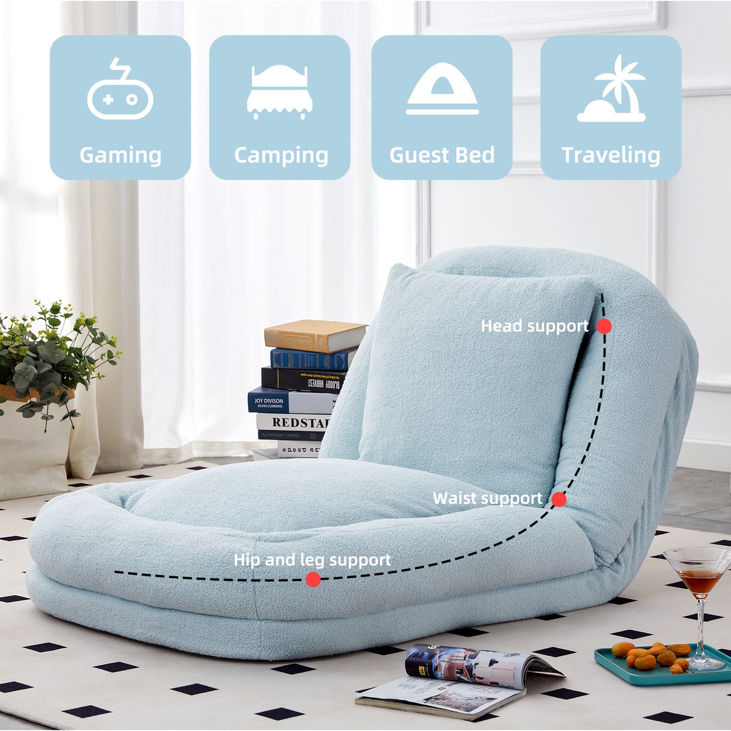 Folding Sofa Chair with 5 Adjustable Positions Plush Floor Lounge Chair for Gaming, Meditation, and Relaxation