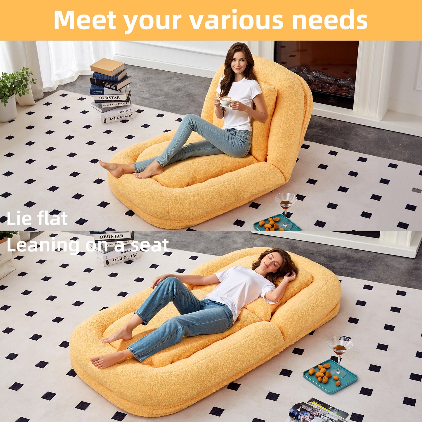 Folding Sofa Chair with 5 Adjustable Positions Plush Floor Lounge Chair for Gaming, Meditation, and Relaxation