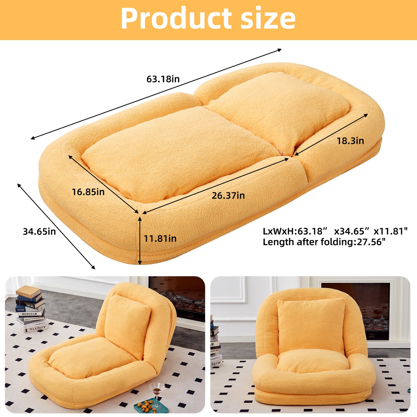 Folding Sofa Chair with 5 Adjustable Positions Plush Floor Lounge Chair for Gaming, Meditation, and Relaxation