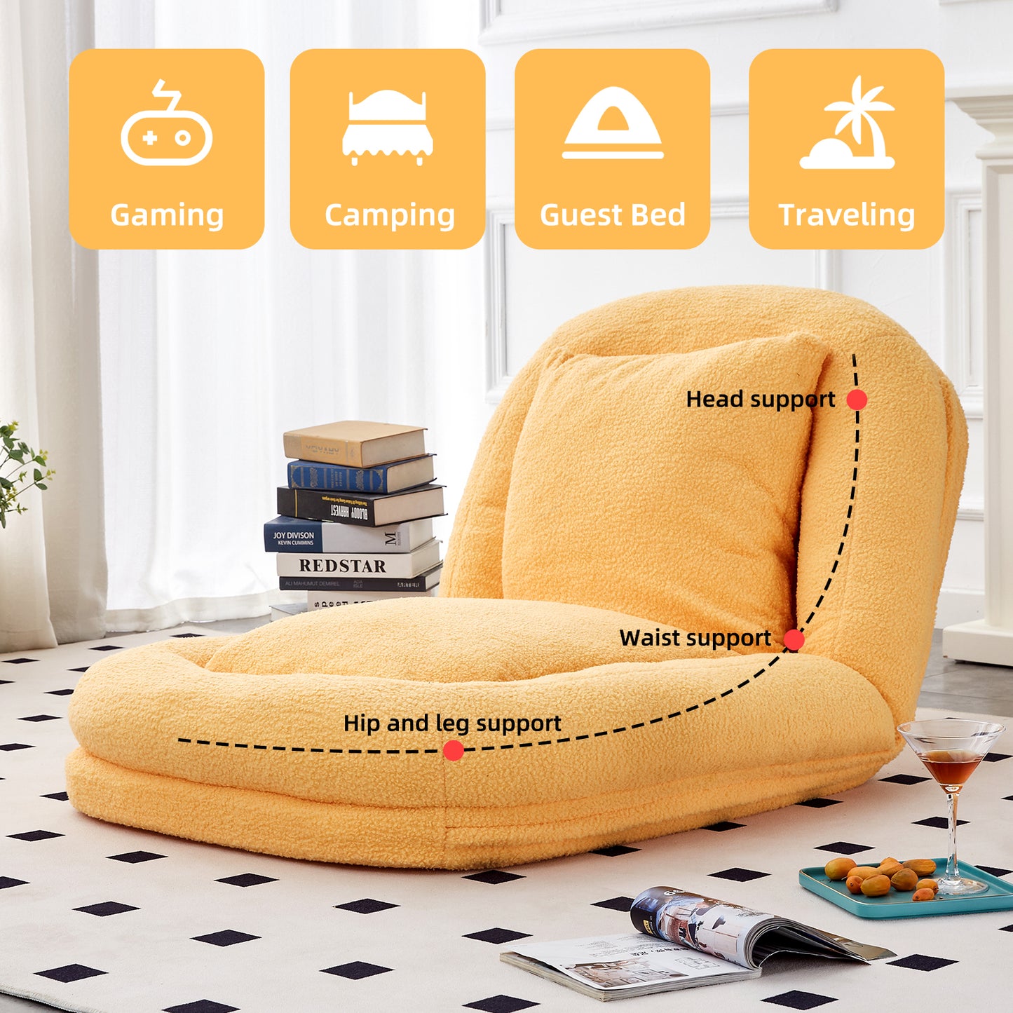 Folding Sofa Chair with 5 Adjustable Positions Plush Floor Lounge Chair for Gaming, Meditation, and Relaxation