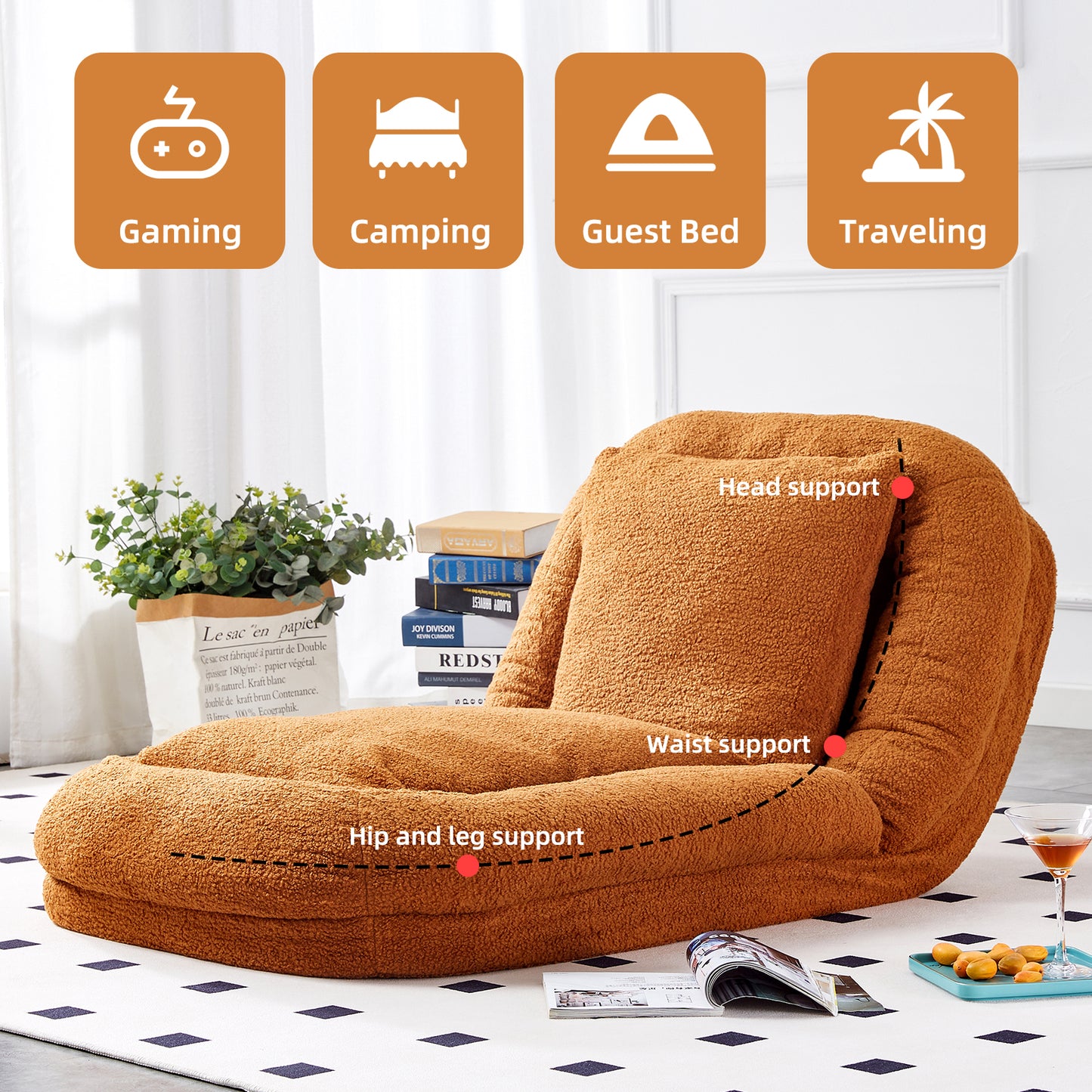 Folding Sofa Chair with 5 Adjustable Positions Plush Floor Lounge Chair for Gaming, Meditation, and Relaxation