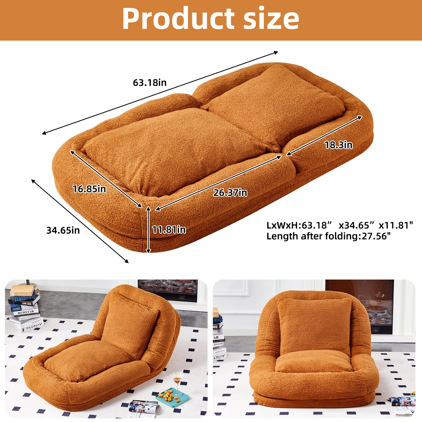 Folding Sofa Chair with 5 Adjustable Positions Plush Floor Lounge Chair for Gaming, Meditation, and Relaxation