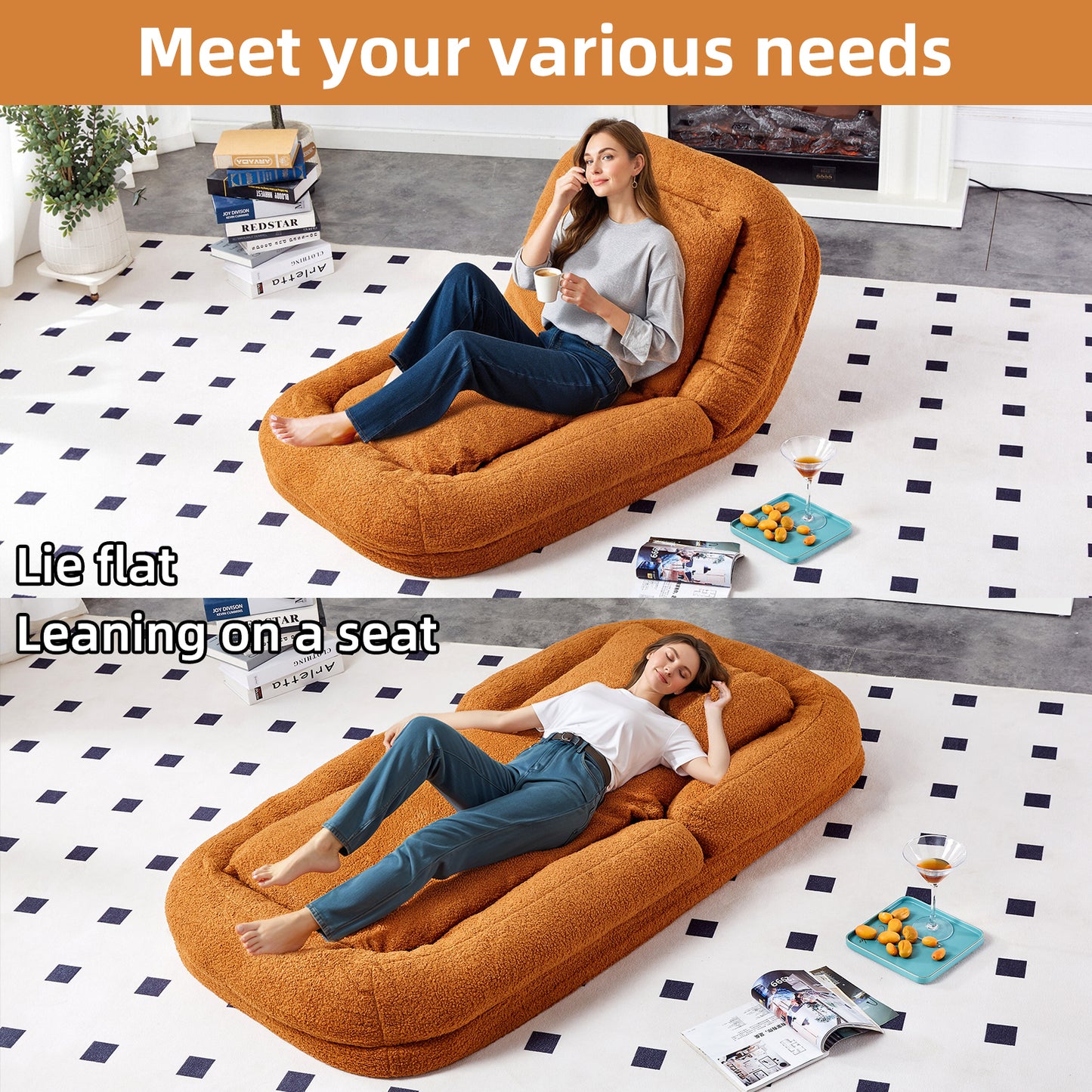 Folding Sofa Chair with 5 Adjustable Positions Plush Floor Lounge Chair for Gaming, Meditation, and Relaxation