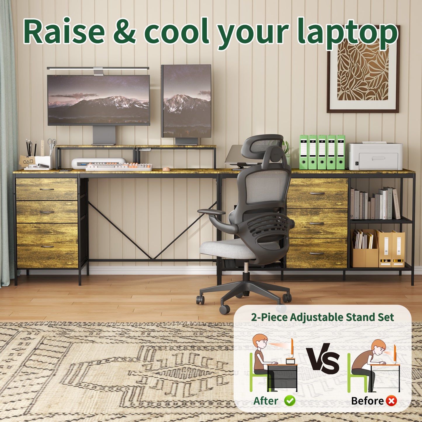 114 Inch L-Shaped Desk with Power Outlets & USB-C, Industrial Computer Desk with 6 Fabric Drawers, 3 Open Shelves & Movable Monitor Stands, Large Corner Office Desk for Gaming, Rustic Brown