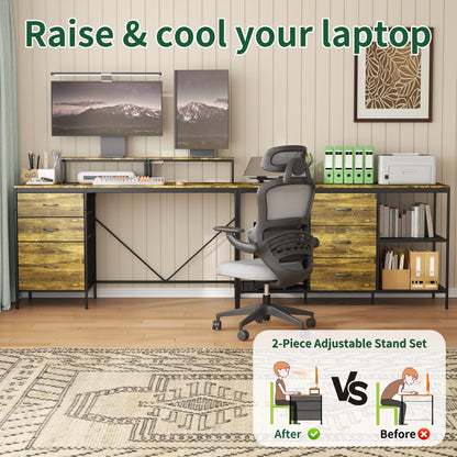 114 Inch L-Shaped Desk with Power Outlets & USB-C, Industrial Computer Desk with 6 Fabric Drawers, 3 Open Shelves & Movable Monitor Stands, Large Corner Office Desk for Gaming, Rustic Brown