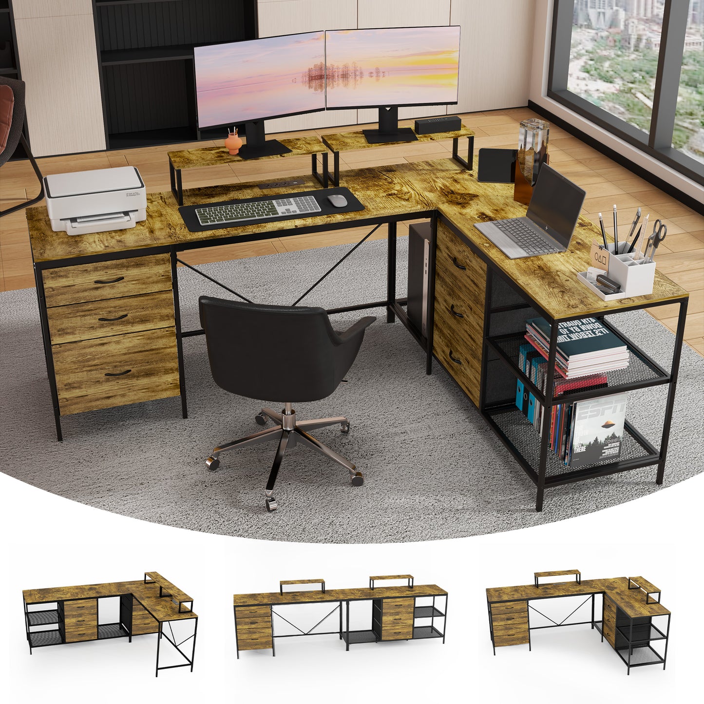 114 Inch L-Shaped Desk with Power Outlets & USB-C, Industrial Computer Desk with 6 Fabric Drawers, 3 Open Shelves & Movable Monitor Stands, Large Corner Office Desk for Gaming, Rustic Brown