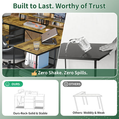 114 Inch L-Shaped Desk with Power Outlets & USB-C, Industrial Computer Desk with 6 Fabric Drawers, 3 Open Shelves & Movable Monitor Stands, Large Corner Office Desk for Gaming, Rustic Brown