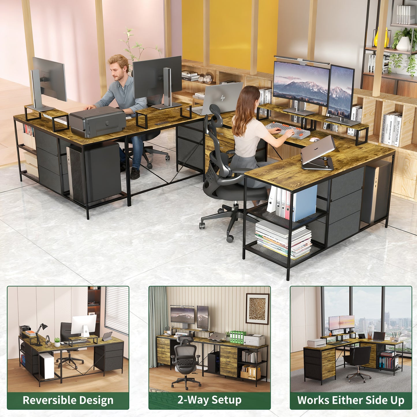 114 Inch L-Shaped Desk with Power Outlets & USB-C, Industrial Computer Desk with 6 Fabric Drawers, 3 Open Shelves & Movable Monitor Stands, Large Corner Office Desk for Gaming, Rustic Brown