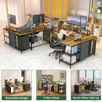 114 Inch L-Shaped Desk with Power Outlets & USB-C, Industrial Computer Desk with 6 Fabric Drawers, 3 Open Shelves & Movable Monitor Stands, Large Corner Office Desk for Gaming, Rustic Brown