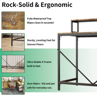 114 Inch L-Shaped Desk with Power Outlets & USB-C, Industrial Computer Desk with 6 Fabric Drawers, 3 Open Shelves & Movable Monitor Stands, Large Corner Office Desk for Gaming, Rustic Brown
