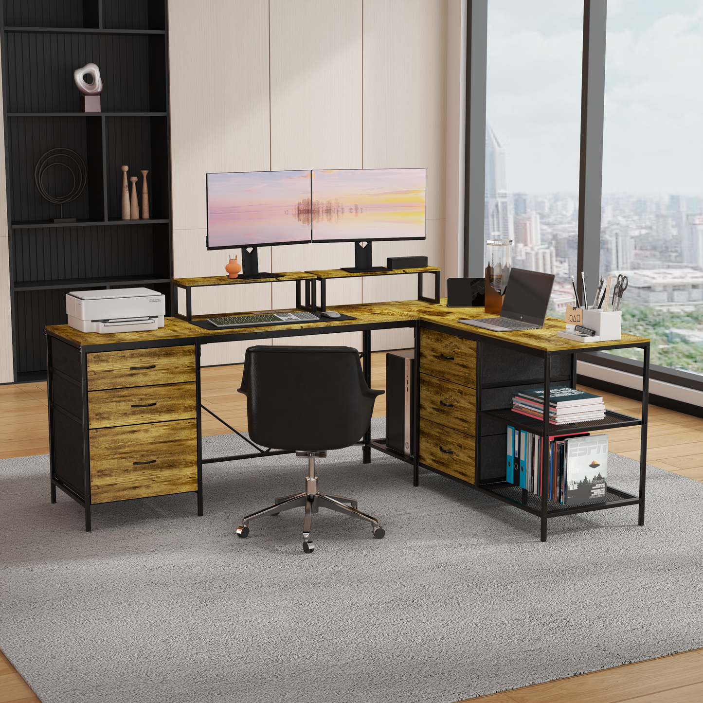 114 Inch L-Shaped Desk with Power Outlets & USB-C, Industrial Computer Desk with 6 Fabric Drawers, 3 Open Shelves & Movable Monitor Stands, Large Corner Office Desk for Gaming, Rustic Brown