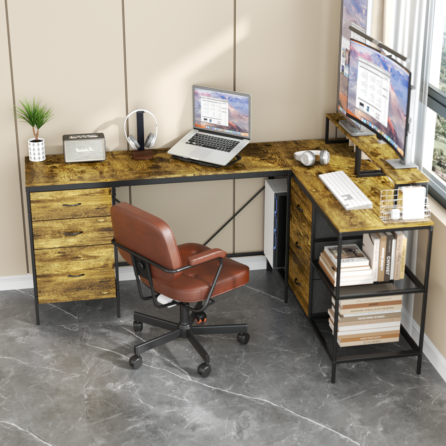 114 Inch L-Shaped Desk with Power Outlets & USB-C, Industrial Computer Desk with 6 Fabric Drawers, 3 Open Shelves & Movable Monitor Stands, Large Corner Office Desk for Gaming, Rustic Brown