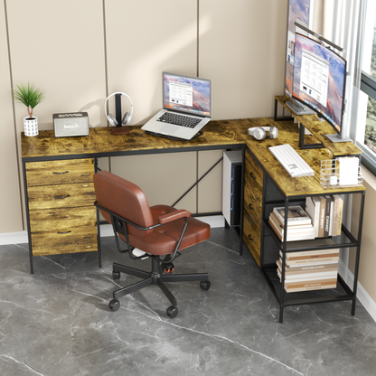 114 Inch L-Shaped Desk with Power Outlets & USB-C, Industrial Computer Desk with 6 Fabric Drawers, 3 Open Shelves & Movable Monitor Stands, Large Corner Office Desk for Gaming, Rustic Brown