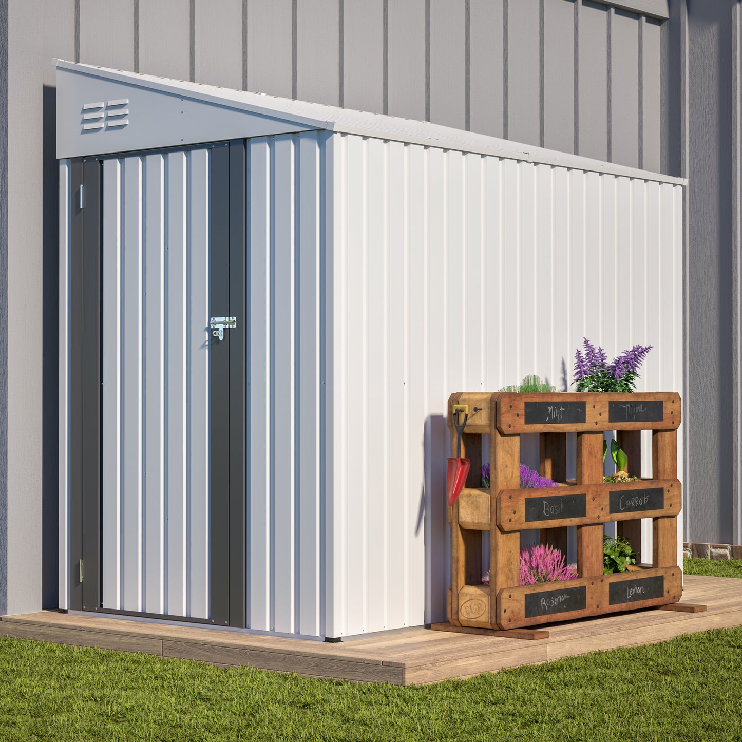 White 4' x 7' Lean-To Storage Shed, Heavy-Duty Metal Outdoor Garden & Bike Shed with Lockable Door, Easy Assembly Backyard Storage Solution