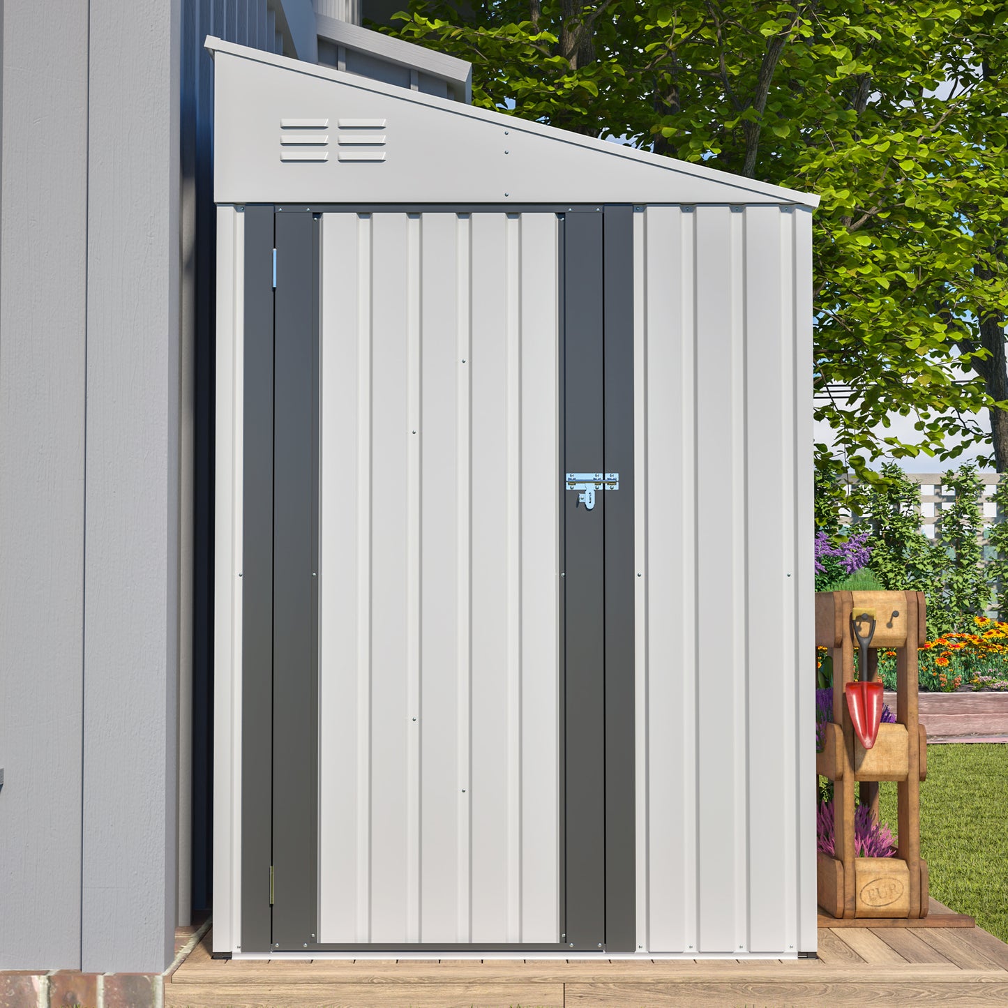 White 4' x 7' Lean-To Storage Shed, Heavy-Duty Metal Outdoor Garden & Bike Shed with Lockable Door, Easy Assembly Backyard Storage Solution