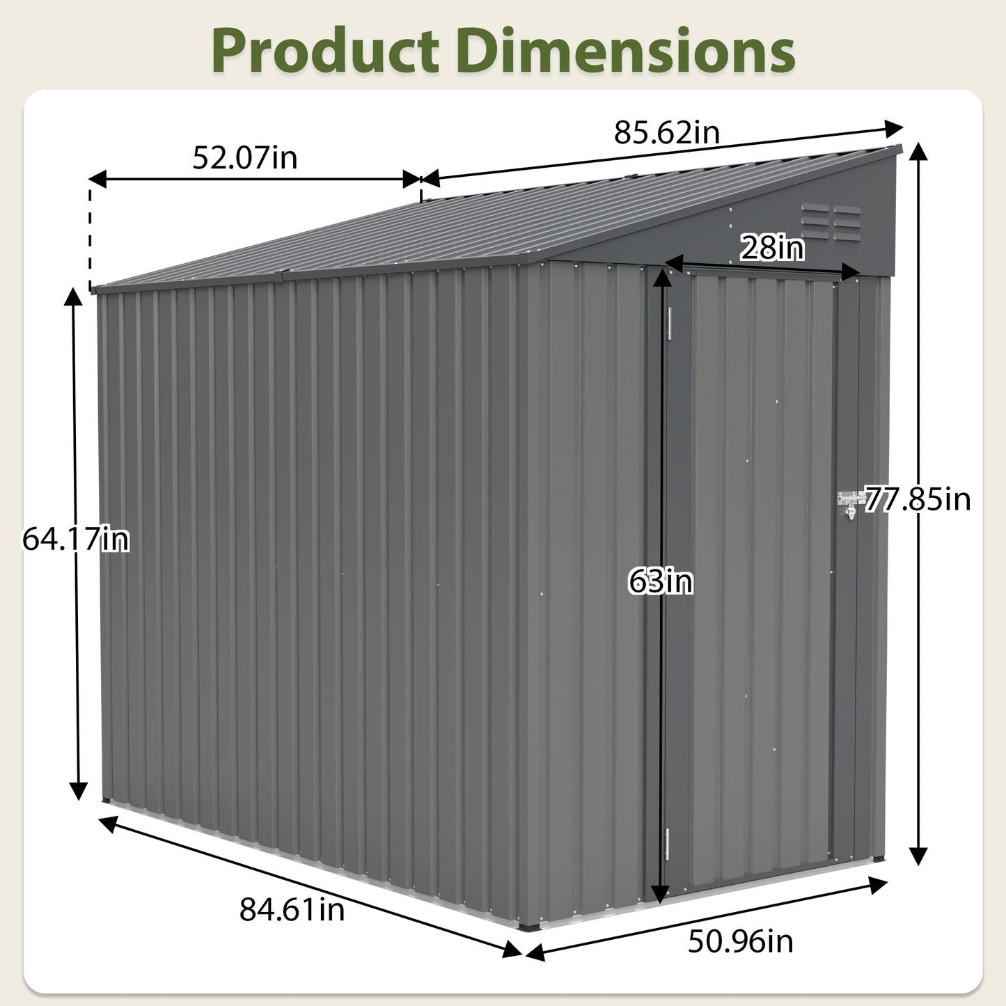 4x7 Foot Lean-To Shed in Olive grey, Heavy-Duty Steel Outdoor Storage for Garden Tools & Bicycles, Maximize Your Backyard & Patio Space with All-Weather Protection