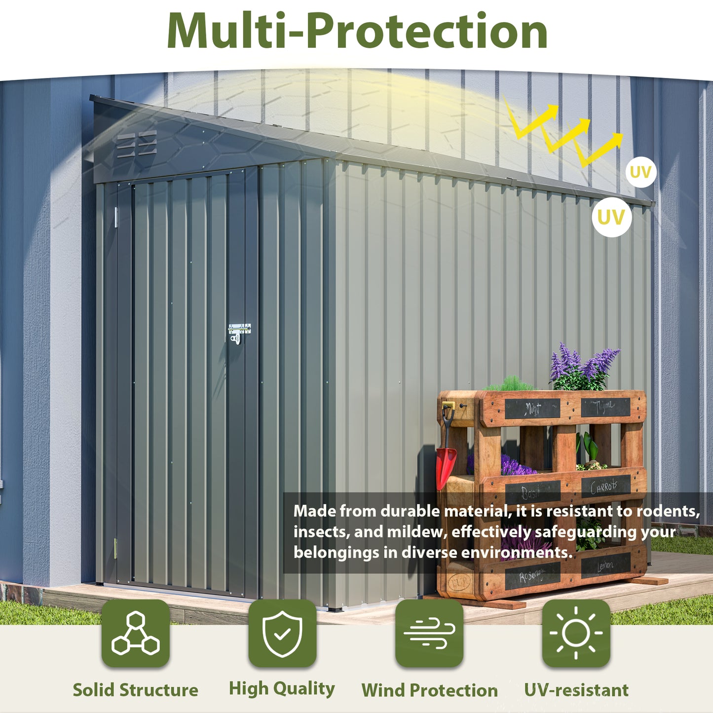 4x7 Foot Lean-To Shed in Olive grey, Heavy-Duty Steel Outdoor Storage for Garden Tools & Bicycles, Maximize Your Backyard & Patio Space with All-Weather Protection