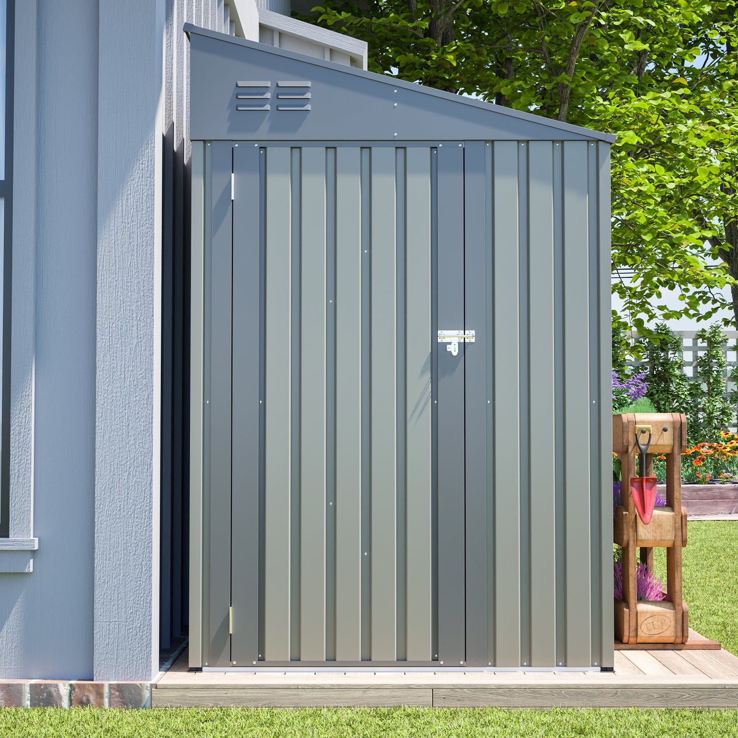 4x7 Foot Lean-To Shed in Olive grey, Heavy-Duty Steel Outdoor Storage for Garden Tools & Bicycles, Maximize Your Backyard & Patio Space with All-Weather Protection