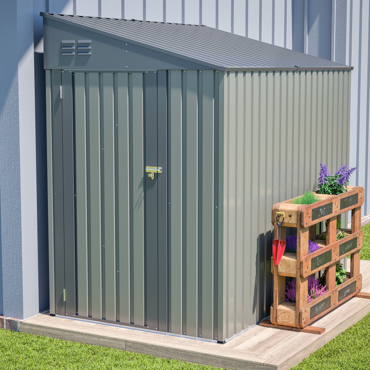 4x7 Foot Lean-To Shed in Olive grey, Heavy-Duty Steel Outdoor Storage for Garden Tools & Bicycles, Maximize Your Backyard & Patio Space with All-Weather Protection