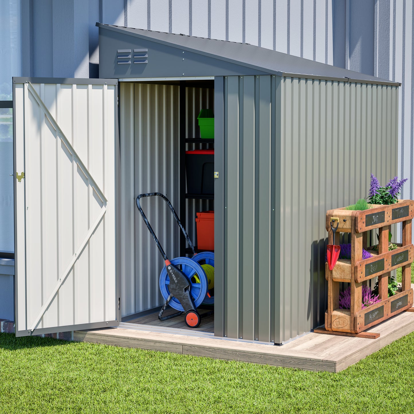 4x7 Foot Lean-To Shed in Olive grey, Heavy-Duty Steel Outdoor Storage for Garden Tools & Bicycles, Maximize Your Backyard & Patio Space with All-Weather Protection