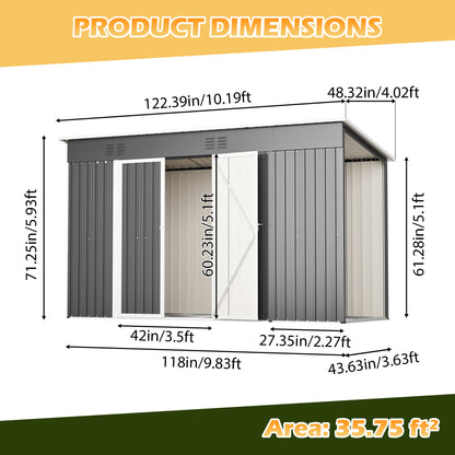 10'x4' Outdoor Metal Storage Shed for Garden Tools Lockable Door With Floor Frame