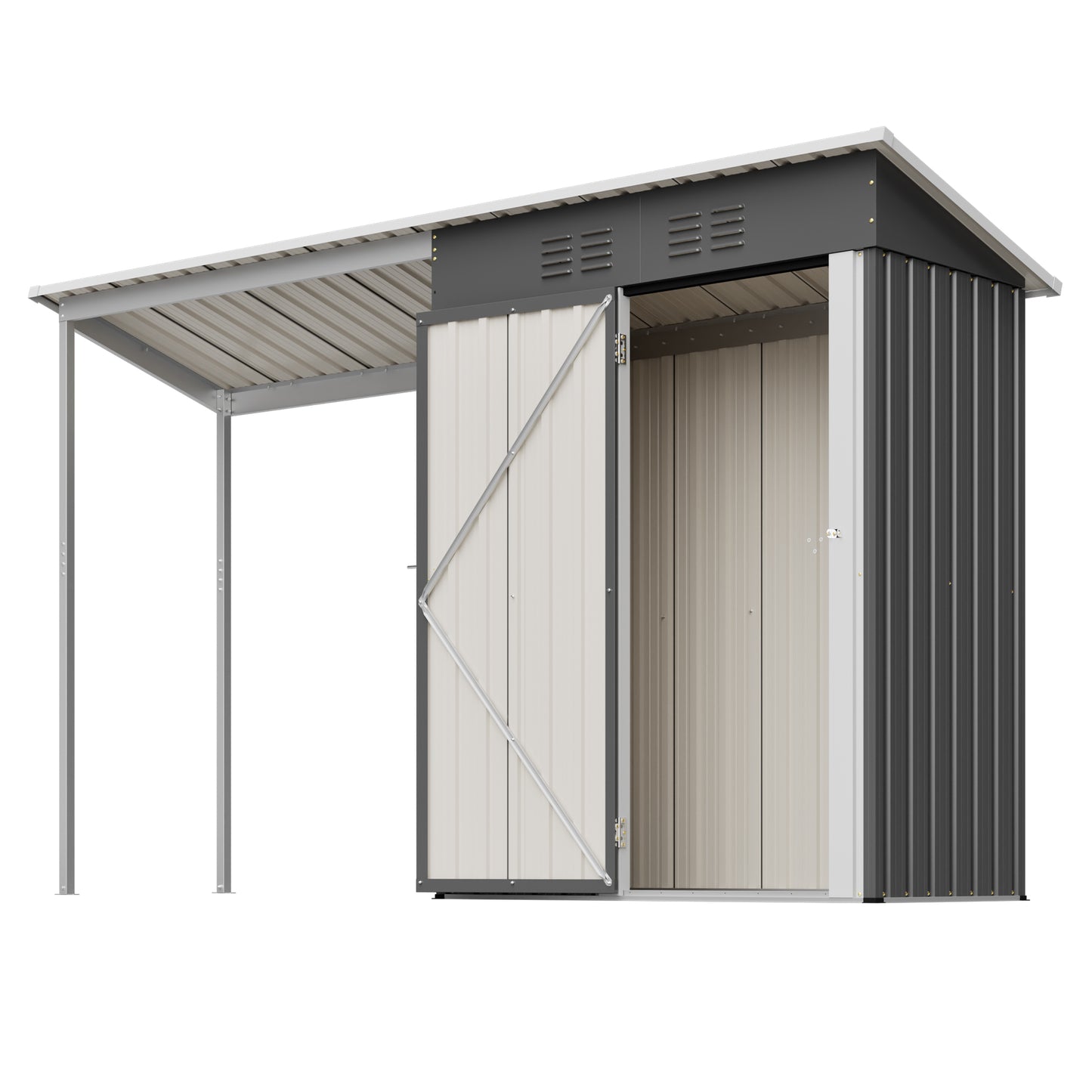 Durable 5x3FT Galvanized Steel Shed & Gazebo Combo, Easy Assembly Lean-To Storage with Open Pergola, All-Weather 2-in-1 Garden Shed for Tool Storage, Patio, Backyard