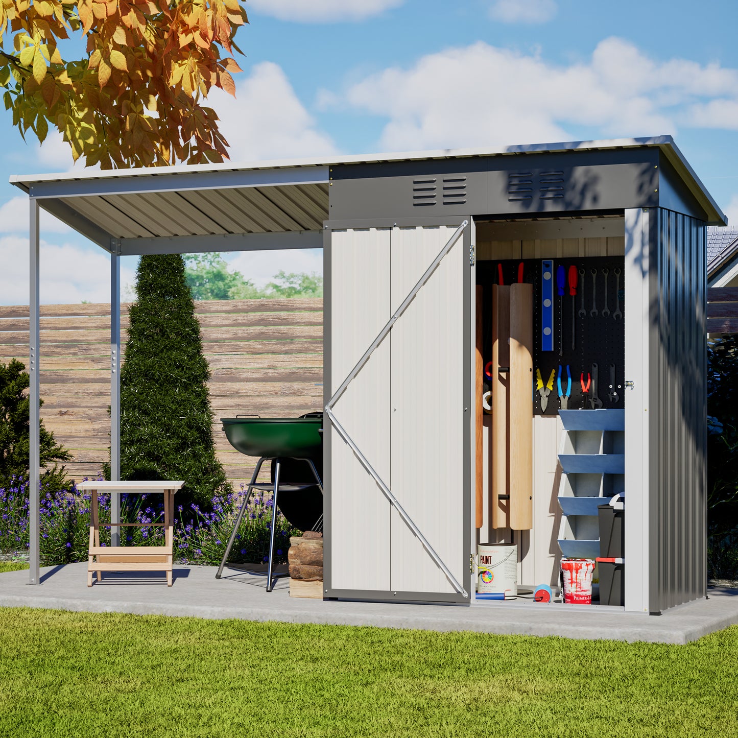 Durable 5x3FT Galvanized Steel Shed & Gazebo Combo, Easy Assembly Lean-To Storage with Open Pergola, All-Weather 2-in-1 Garden Shed for Tool Storage, Patio, Backyard