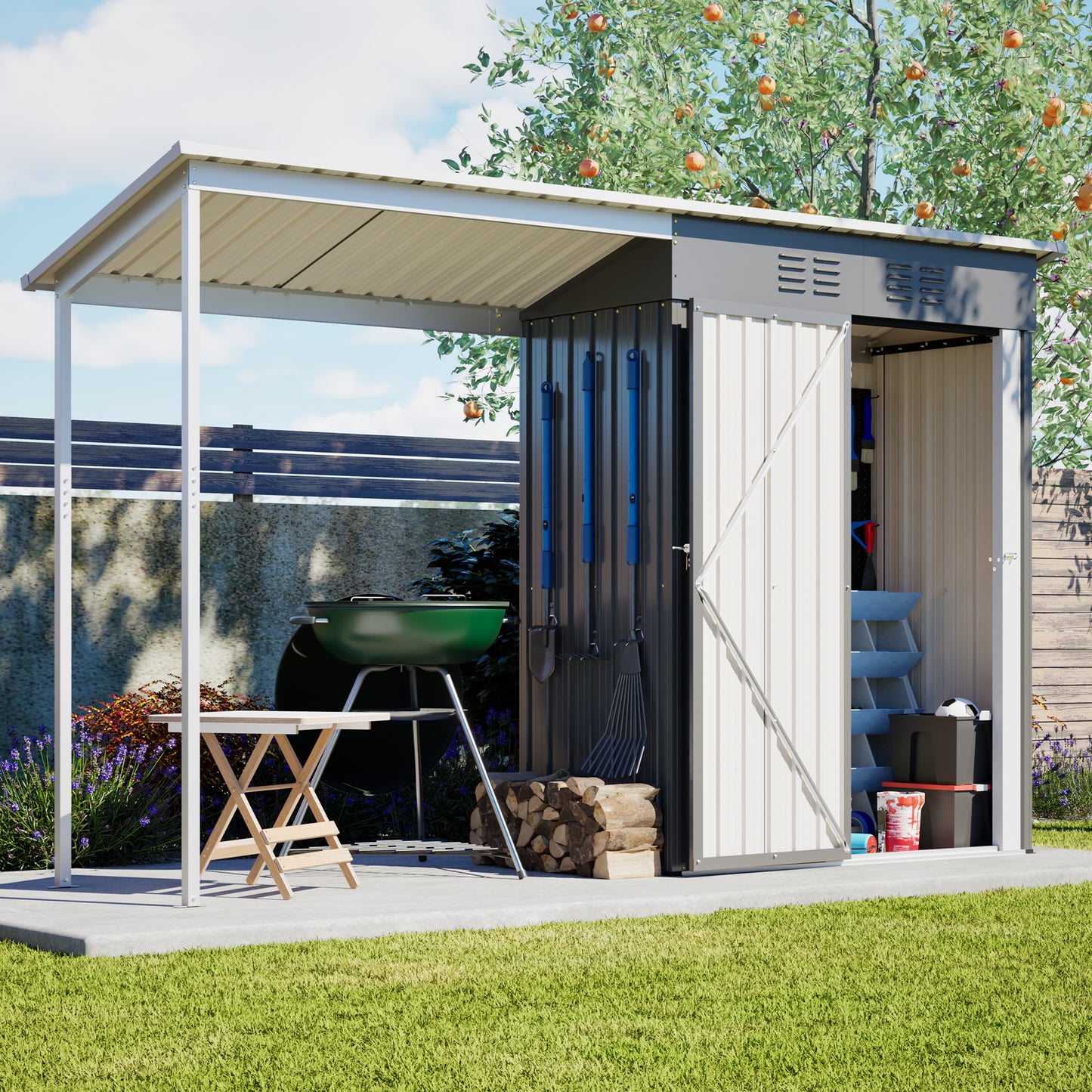 Durable 5x3FT Galvanized Steel Shed & Gazebo Combo, Easy Assembly Lean-To Storage with Open Pergola, All-Weather 2-in-1 Garden Shed for Tool Storage, Patio, Backyard
