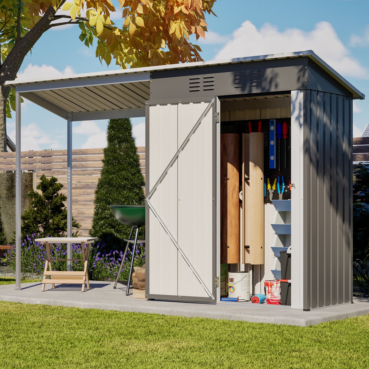 Durable 5x3FT Galvanized Steel Shed & Gazebo Combo, Easy Assembly Lean-To Storage with Open Pergola, All-Weather 2-in-1 Garden Shed for Tool Storage, Patio, Backyard