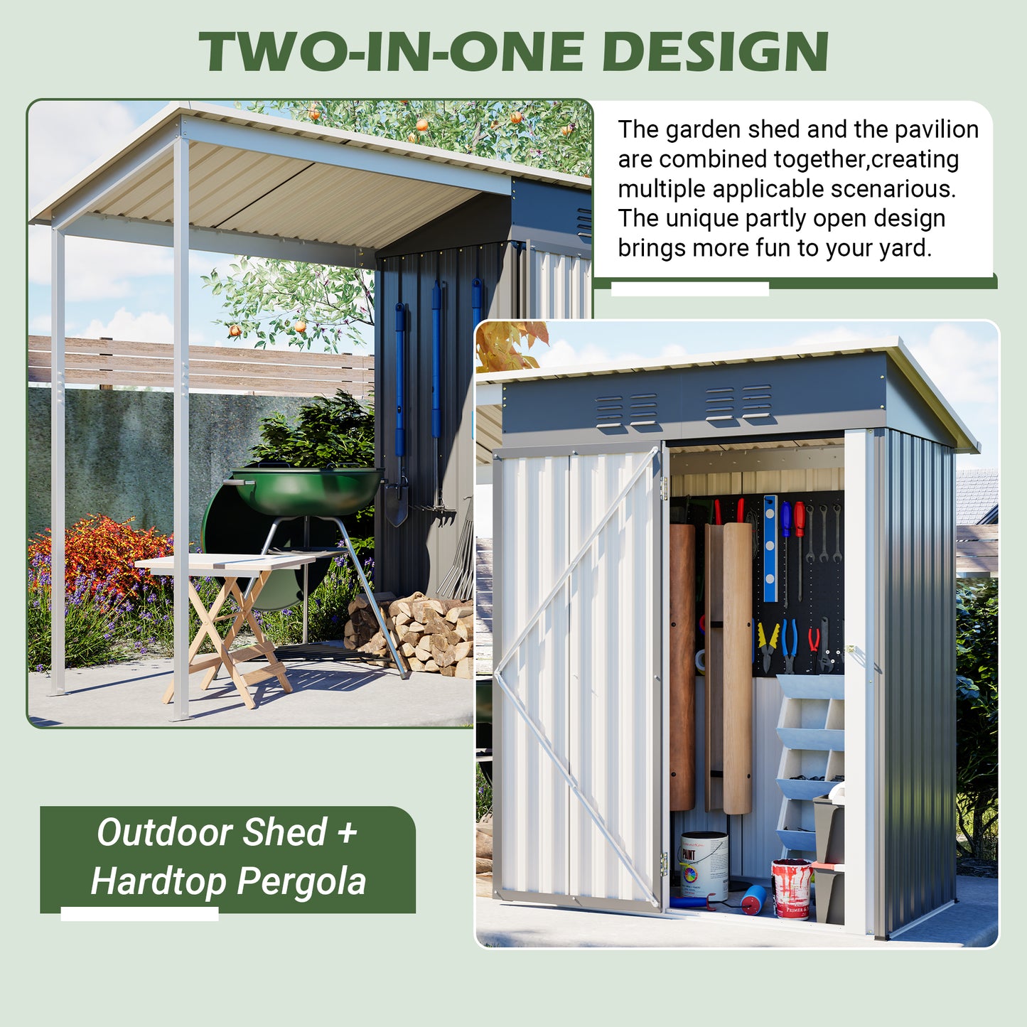 Durable 5x3FT Galvanized Steel Shed & Gazebo Combo, Easy Assembly Lean-To Storage with Open Pergola, All-Weather 2-in-1 Garden Shed for Tool Storage, Patio, Backyard