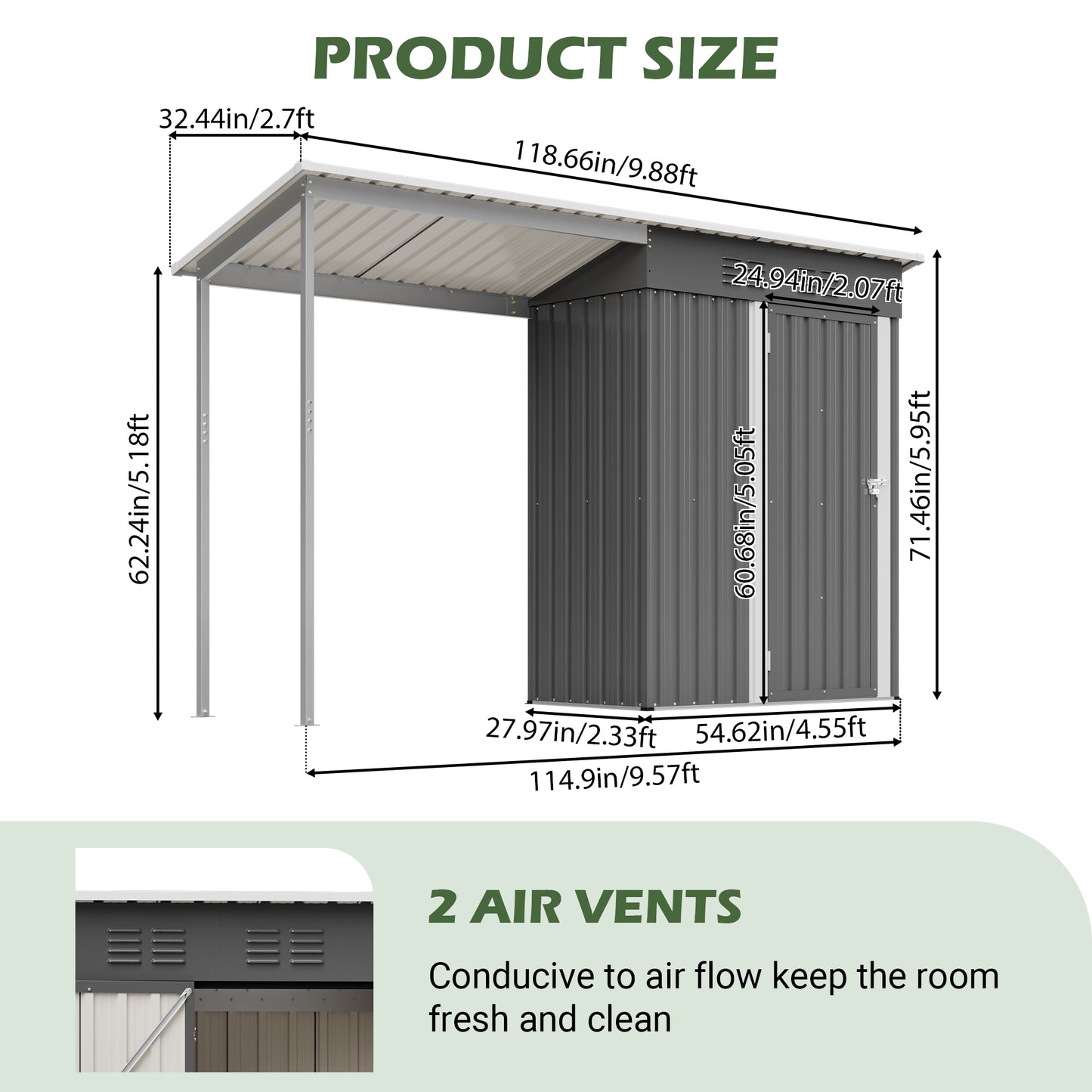 Durable 5x3FT Galvanized Steel Shed & Gazebo Combo, Easy Assembly Lean-To Storage with Open Pergola, All-Weather 2-in-1 Garden Shed for Tool Storage, Patio, Backyard