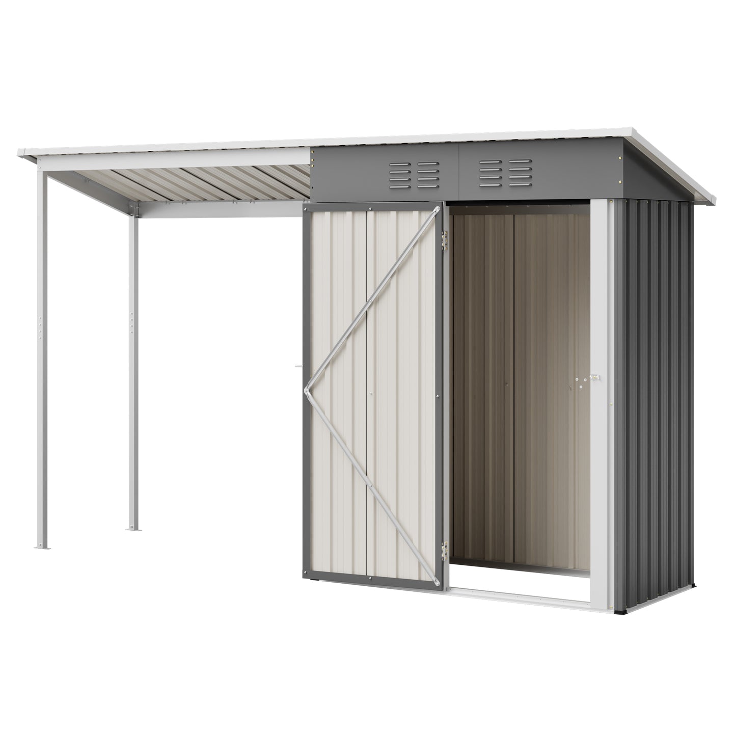 Durable 5x3FT Galvanized Steel Shed & Gazebo Combo, Easy Assembly Lean-To Storage with Open Pergola, All-Weather 2-in-1 Garden Shed for Tool Storage, Patio, Backyard