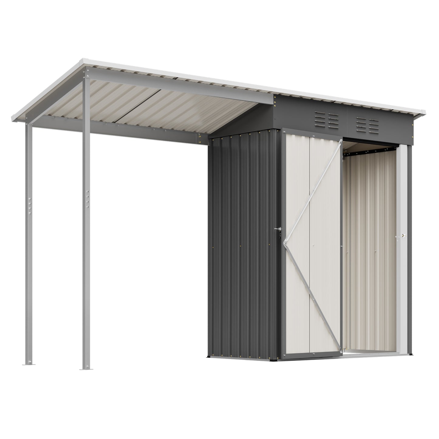 Durable 5x3FT Galvanized Steel Shed & Gazebo Combo, Easy Assembly Lean-To Storage with Open Pergola, All-Weather 2-in-1 Garden Shed for Tool Storage, Patio, Backyard