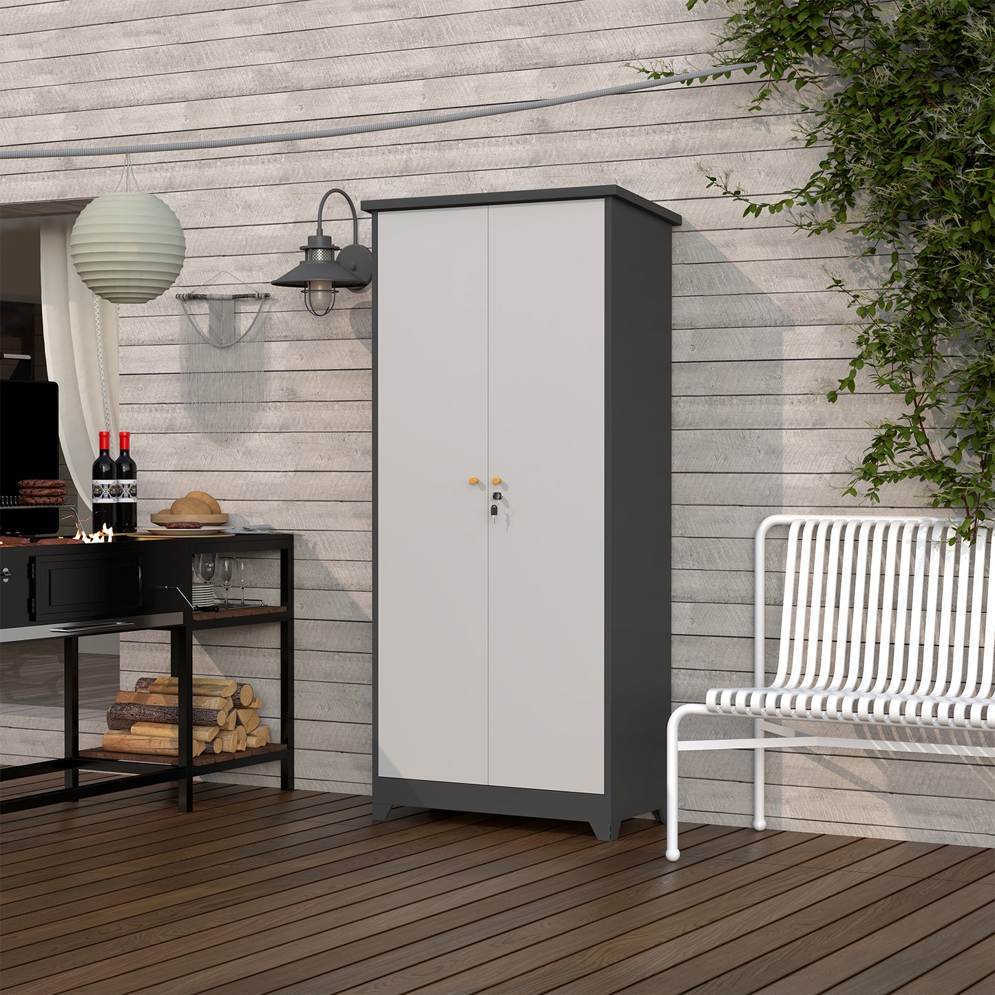 Metal Outdoor Cabinet, Made Of Stainless Steel, Large Capacity, Secure Lock For Anti-theft, Waterproof And Moisture-proof, With Shelves, Cleaning Tool Storage Cabinet, Vertical Tall Garden Cabinet.
