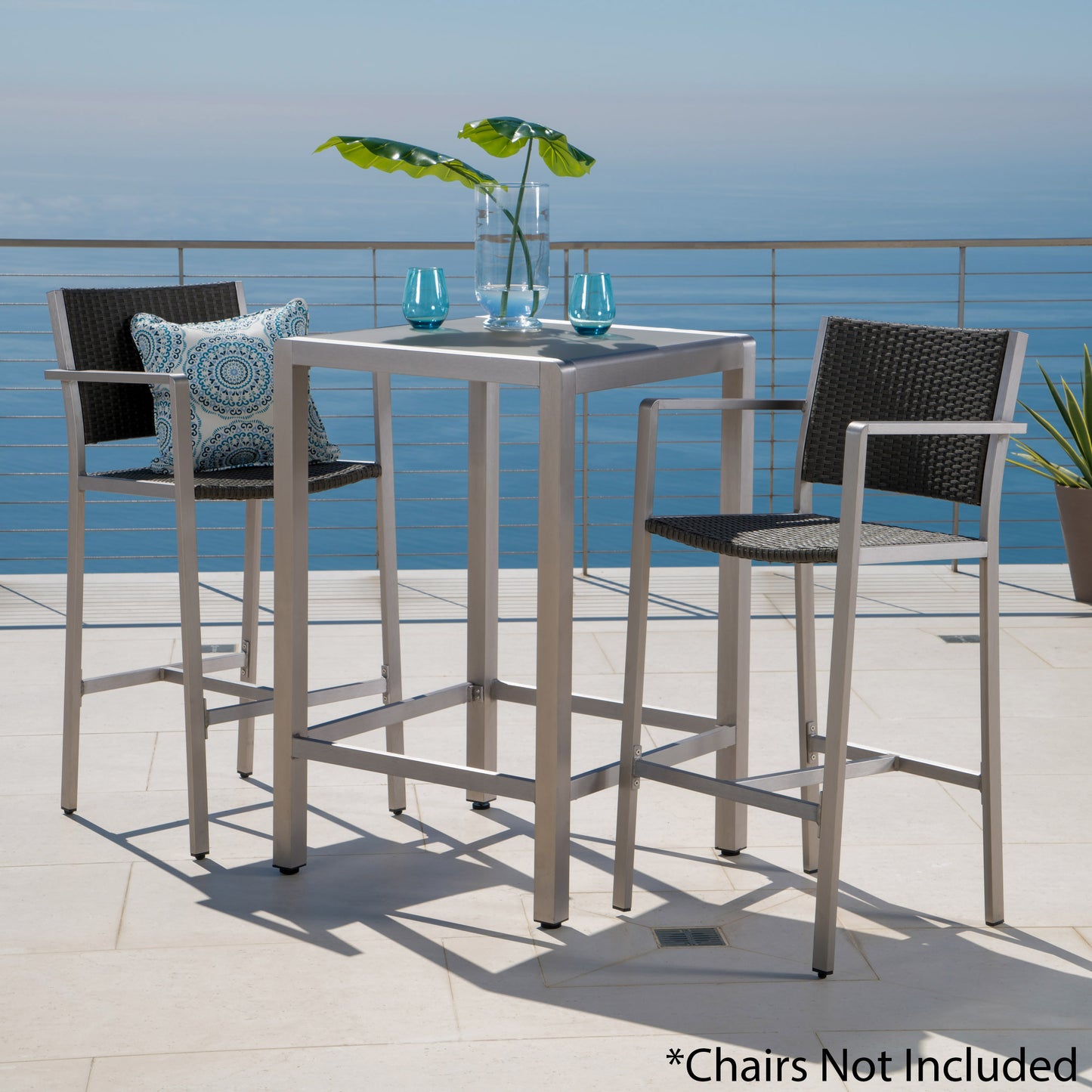 43" Outdoor Aluminum Frame Bar Table with Glass Table Top, Grey Finish