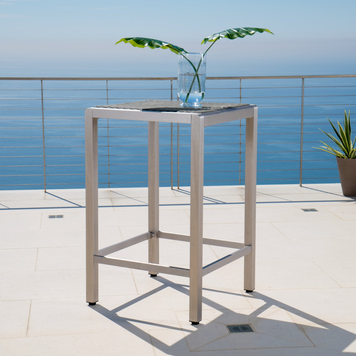 43" Outdoor Aluminum Frame Bar Table with PE Rattan Table Top, Grey Finish