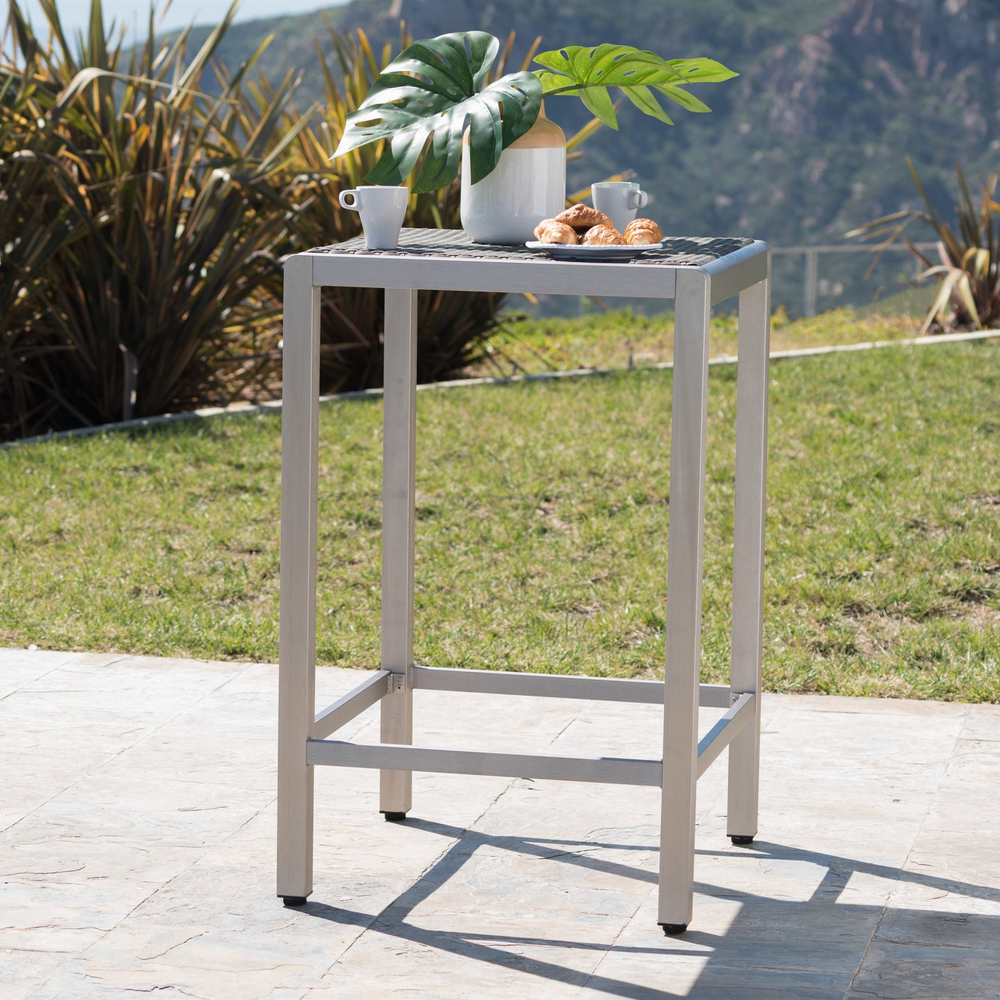 43" Outdoor Aluminum Frame Bar Table with PE Rattan Table Top, Grey Finish