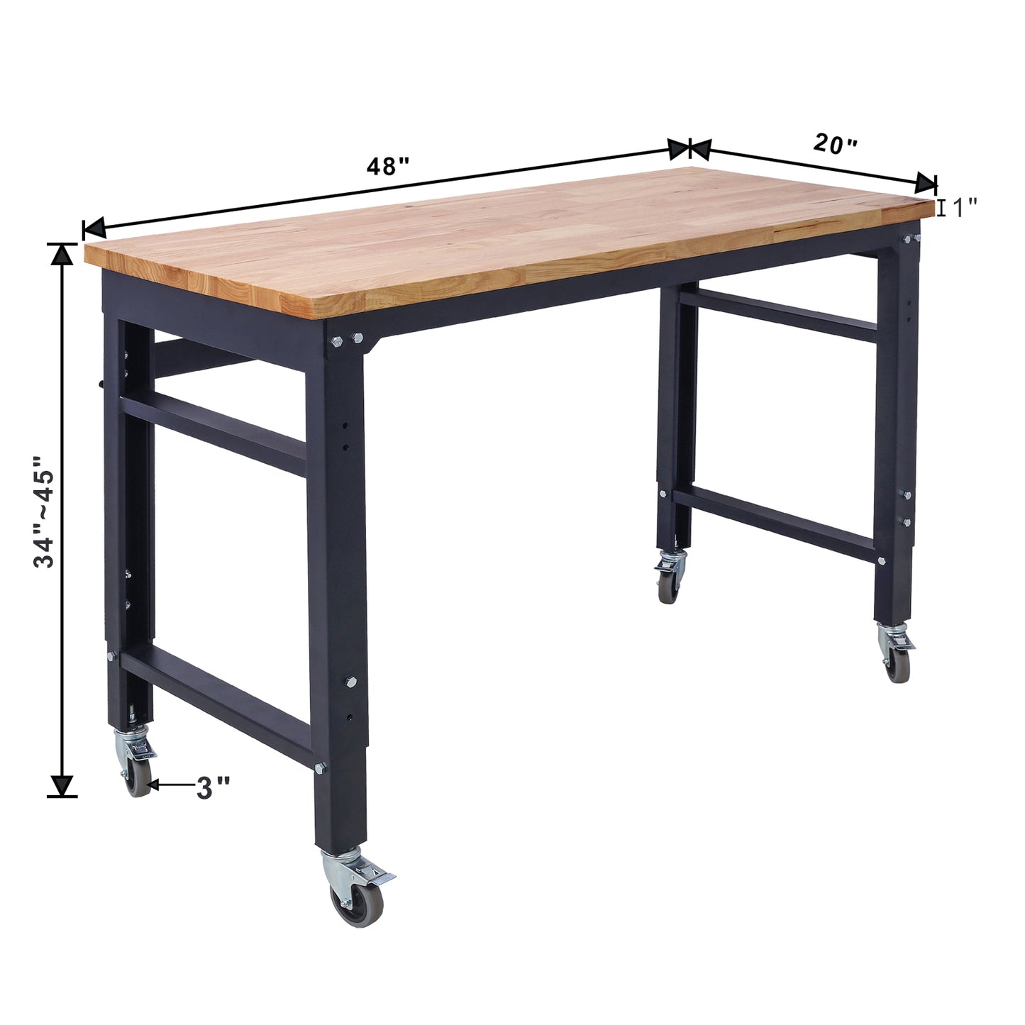 Workbench - 48" Wide Rolling Workbenches for Garage - Adjustable Height, Workshop Tool Bench, Metal with rubber Wood Top