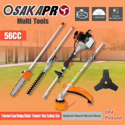 4 in 1 Multi-Functional Trimming Tool, 56CC 2-Cycle Garden Tool System with Gas Pole Saw, Hedge Trimmer, Grass Trimmer, and Brush Cutter EPA Compliant