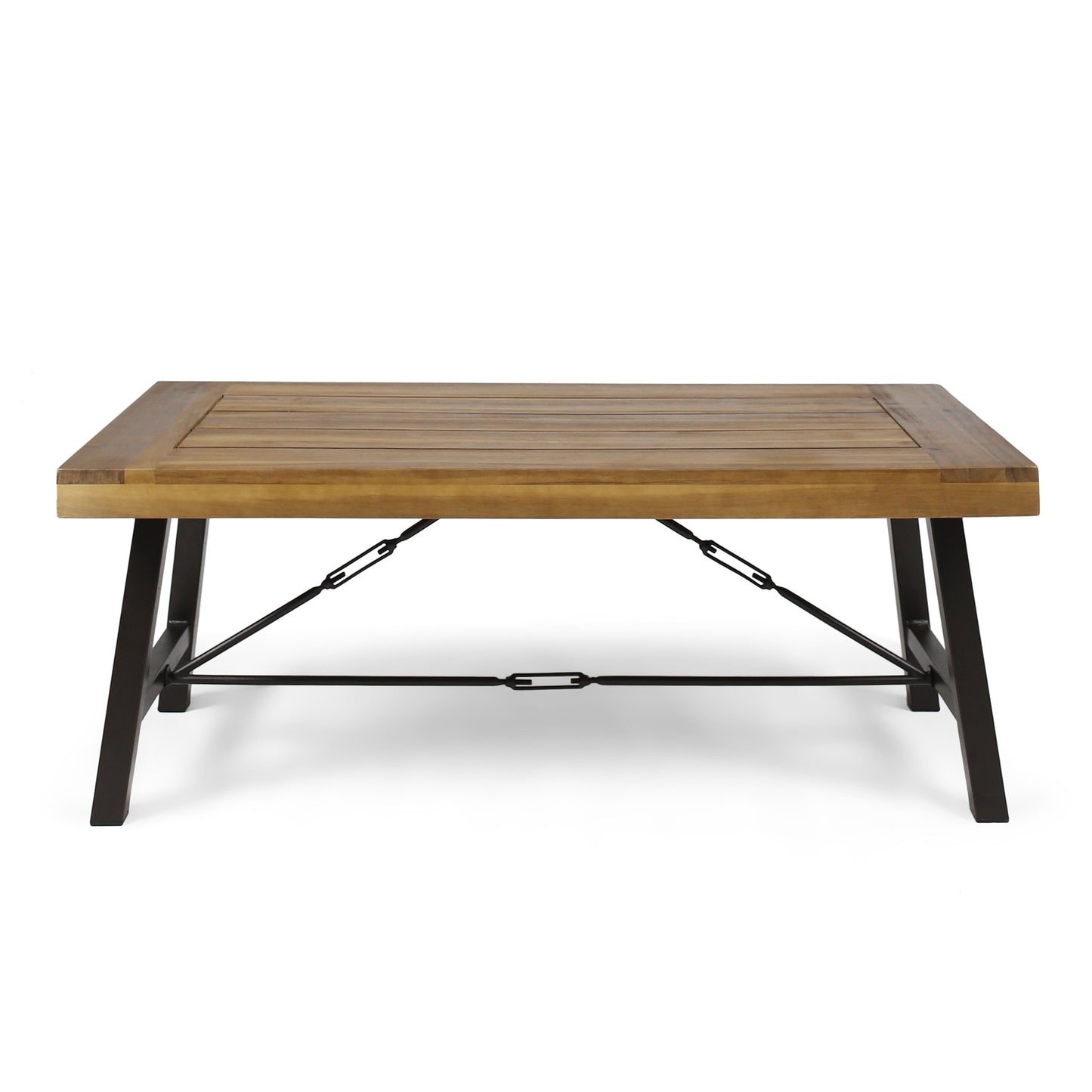 Outdoor Acacia Wood Coffee Table, Teak Finish / Rustic Metal Brown and Black, 27.25"D x 45.75"W x 18"H
