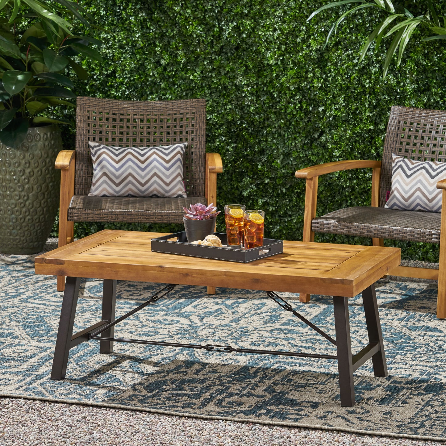 Outdoor Acacia Wood Coffee Table, Teak Finish / Rustic Metal Brown and Black, 27.25"D x 45.75"W x 18"H