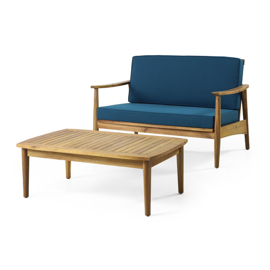 4-Piece Wood Outdoor Patio Conversation Seating Set with Dark Teal Cushions