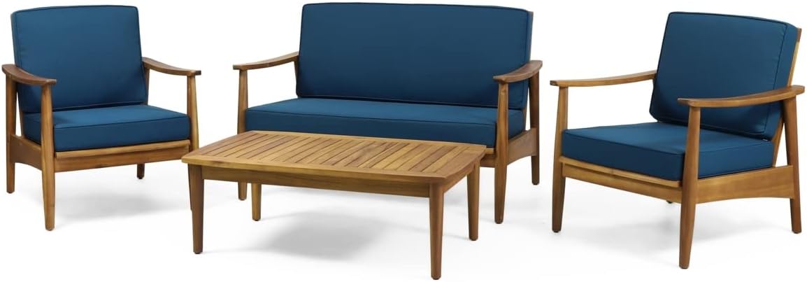 4-Piece Wood Outdoor Patio Conversation Seating Set with Dark Teal Cushions