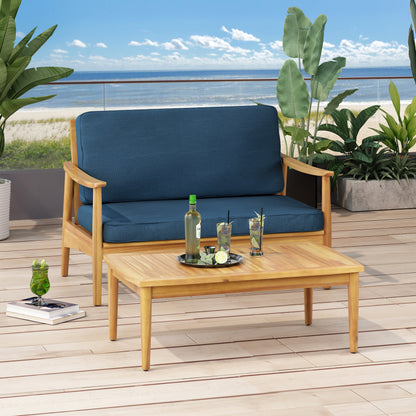 4-Piece Wood Outdoor Patio Conversation Seating Set with Dark Teal Cushions