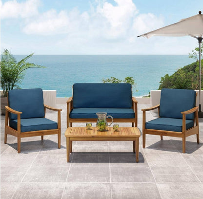 4-Piece Wood Outdoor Patio Conversation Seating Set with Dark Teal Cushions